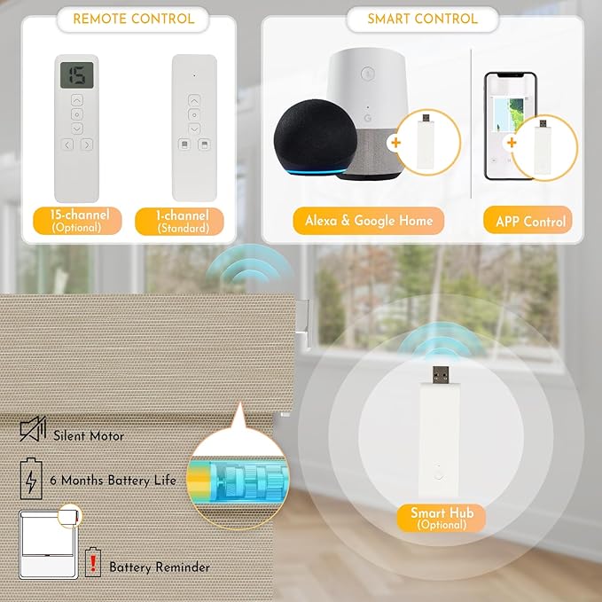 Persilux Smart Motorized Blinds with Remote, No Drill Automatic Roller Shades for Indoor Windows, Blackout Linen Fabric, Electric Blinds for Windows, Weave Straw C162BO-4, Custom Size