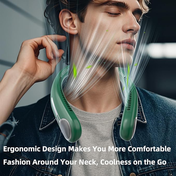 Kinhowly Portable Neck Fan,Hands Free Personal Wearable Bladeless Fan,6000mAh USB Rechargeable,360° Cooling,LED Display,4-Speeds,Birthday Gifts for Men Women Dad Mom,Valentines Day Gifts (Dark green)