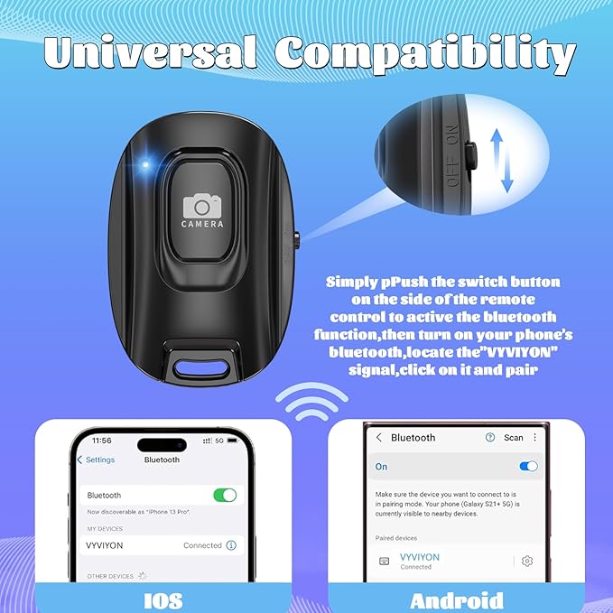 VYVIYON Bluetooth Camera Remote Shutter for iPhone and Android Smartphones, Rechargeable Wireless Phone Remote Control,Selfie Button for Photos and Videos, Charging Cable Included-Black