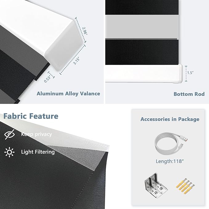 COOLWINDS Motorized Zebra Blinds for Windows Cordless Electric Curtains with Remote Control Blackout Shades Custom Smart Blinds Compatible with Alexa Google Home(Light Filtering Black,W25 X 72in)