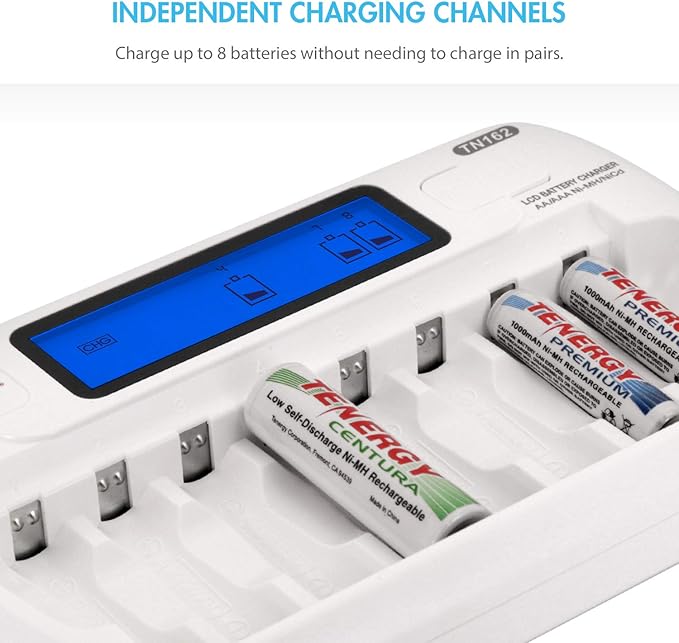 Tenergy AA/AAA Rechargeable Battery and Charger Combo TN162 - 8-Bay Smart LCD NiMH/NiCd Charger With 8 AA & 8 AAA Batteries