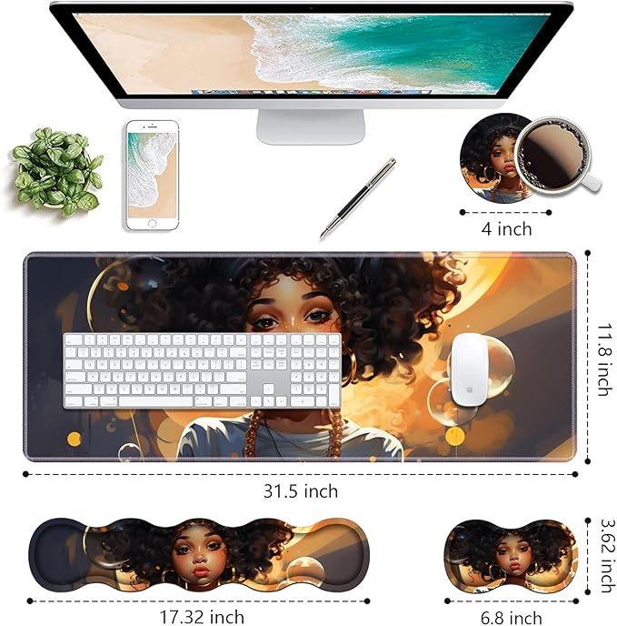 Ergonomic Keyboard Wrist Rest & Mouse Pad Wrist Rest Set, Large XXL Gaming Desk Mat 31.5"x 11.8" with Non-Slip Base, Memory Foam, Easy Typing Pain Relief for Home & Office - African American Girl