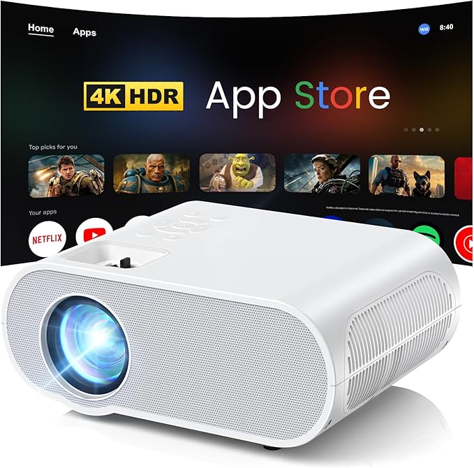1500 ANSI Smart Projector, HOMPOW 4K Projector with WiFi and Bluetooth, Mini Projector, Built-in Streaming System, Projector with Apps, Outdoor Projector, Home Projector for iOS/Android