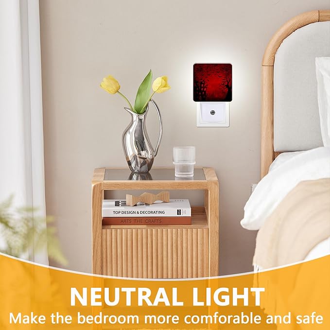 GANTINIR Halloween Night Light, Plug-into Red Black Red Black Bats Spider Ghost Nightlight White LED Lamp, Energy Efficient Decor Desk Lamp for Bedroom Hallway Stairs Bathroom