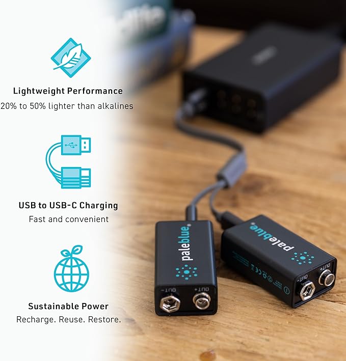 paleblue USB Rechargeable 9V Batteries (6-Pack) - 4500mWh Lithium Ion, 1000+ Charge Cycles, Includes (3) 2-in-1 USB-A to USB-C Charging Cables, LED Charge Indicator, 3.4 Hour Charge Time