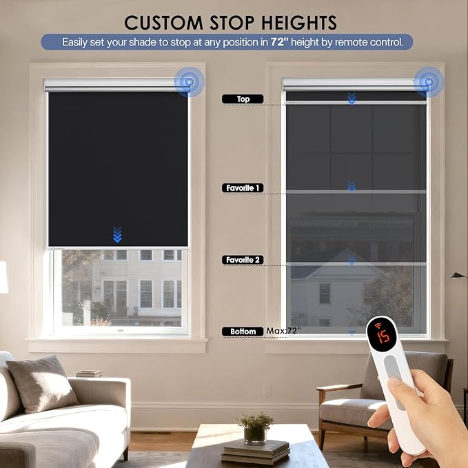 Motorized Roller Blinds with Remote Control & Solar Panel - 100% Blackout Smart Blinds, Automatic, Cordless, Electric Shades - Compatible with Alexa - Black, 35" W x 72" H