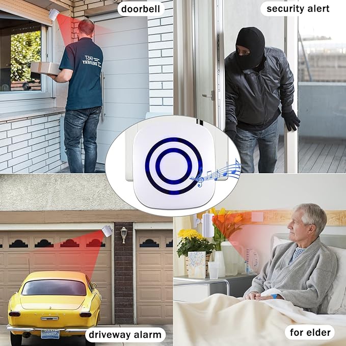 BESTOONE Motion Sensor Alarm, Long Range Wireless Driveway Alarm, Indoor Home Security System Electric Doorbells, 2 Motion Detector and 1 Alarm, 38 Chime Tunes, LED Indicator