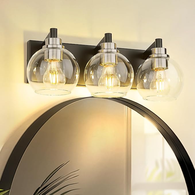 METWET Bathroom Light Fixtures, 3-Light Black and Brushed Nickel Bathroom Vanity Light, Modern Wall Sconces with Globe Clear Glass Shade, Vanity Lighting Fixtures Over Mirror, VL195-KN-3