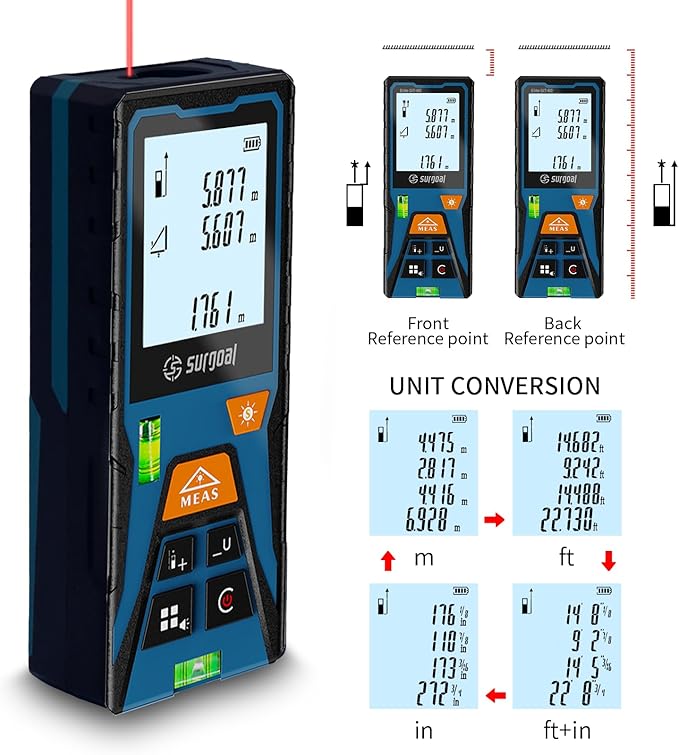 Laser Distance Meter 196ft – Digital Laser Measuring Tool with LCD Backlit Display, Area Volume Pythagorean, ±2mm Accuracy, Class II, Electronic Tape Measure for DIY Construction – AAA Battery Powered