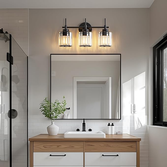 EJIAXIN 3 Light Crystal Vanity Light, Bathroom Lighting Fixtures Over Mirror Black Crystal Wall Light Bath Wall Lighting Modern Bath Wall Sconce Lighting for Bedroom Living Room