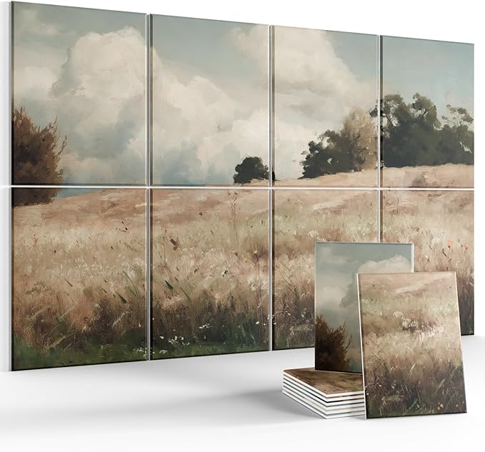 Wall Art Acoustic Panels,70''×47''Sound Absorbing Panels-8-Pack with 60 Adhesive Tabs, Panels for Living Room and Recording Studio, Offices-Grain field, landscape study