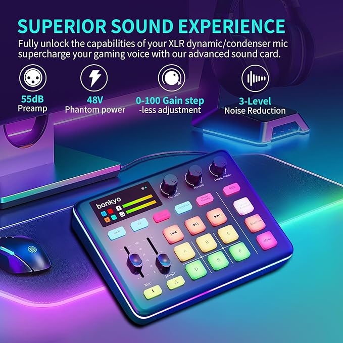 Bonkyo Gaming Audio Mixer & USB Interface with XLR Microphone, Bluetooth 5.0, RGB Effects, 48V Phantom Power, Voice Changer, G1 Sound Card for PS5, TikTok Live Streaming, Podcasting (Black)