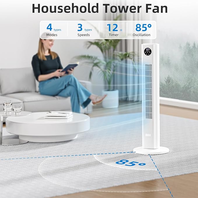 Antarctic Star Tower Fan Portable Floor Fans 85°Oscillating Fan Quiet Cooling 12H Timer Remote Control Standing Bladeless Electric 3 Wind Speeds 4 Modes Bedroom Office,36 inch, White