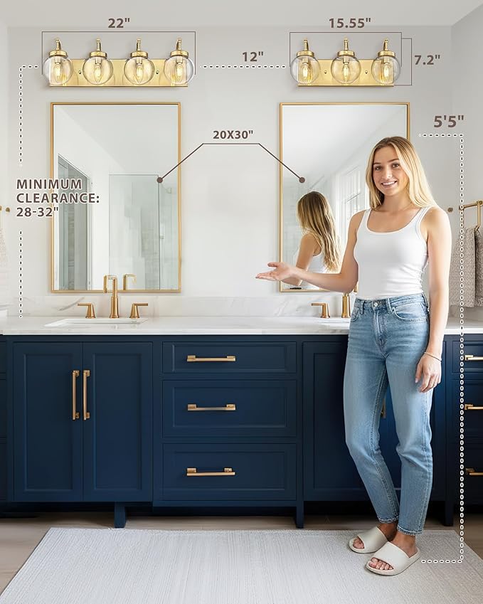 Beionxii 4-Light Bathroom Vanity Light Fixtures, 3 Light Brushed Gold Bathroom Light Fixtures with Clear Glass Shade, Modern Wall Sconces Lighting Over Mirror, Living Room, Hallway, BX-VL03BG-4CG