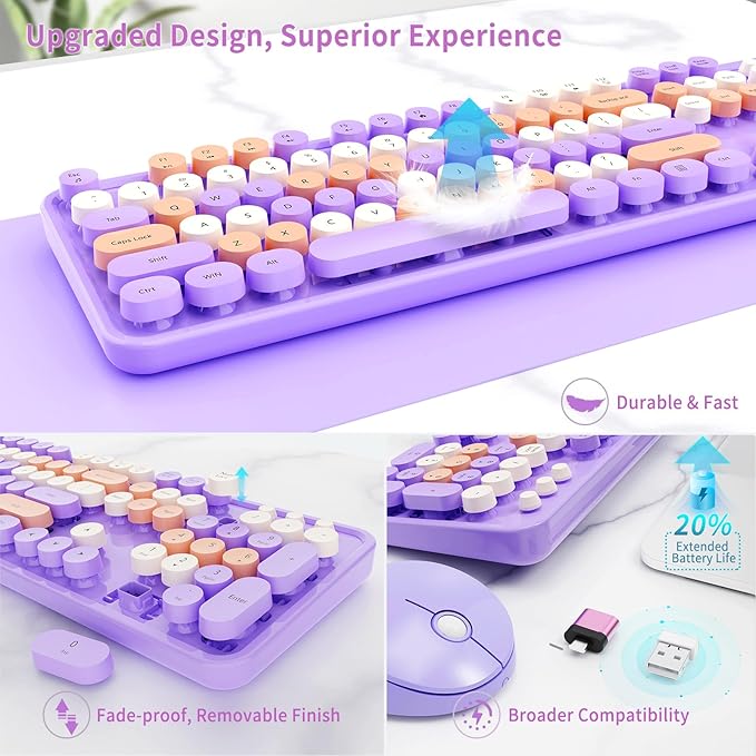 Nowlike Wireless Keyboard and Mouse Combo, Retro Typewriter Keyboard with Round Keycaps, Full-Size Ergonomic, Purple, Ideal for Windows PC, Home, Office, and College