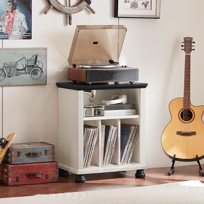 Joaxswe Record Player Stand with Vinyl Record Storage, 24" Wide Mid-Century Record Player Table Up to 200 Albums,Large Wood Turntable Stand Cabinet Dispaly Shelf for Living Room,Bedroom,White