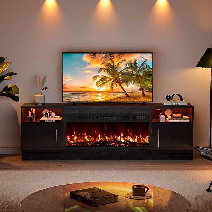 VITESSE Fireplace with TV Stand 36" inch Electric Fireplace Up to 80" TVs, LED Light Entertainment Center, 70" Modern Wood High Gloss with Highlight Storage Cabinet for Living Room (Black)