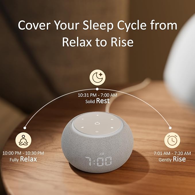 Hotmoon Alarm Clock with Sound Machine for Sleep, Luna Pro Dual-Stage Alarm, 507 Non Looping Sounds, Smart Night Light & Timer, Pink Green Brown White Noise Machine for Sleeping, Plug in, Cool Gray