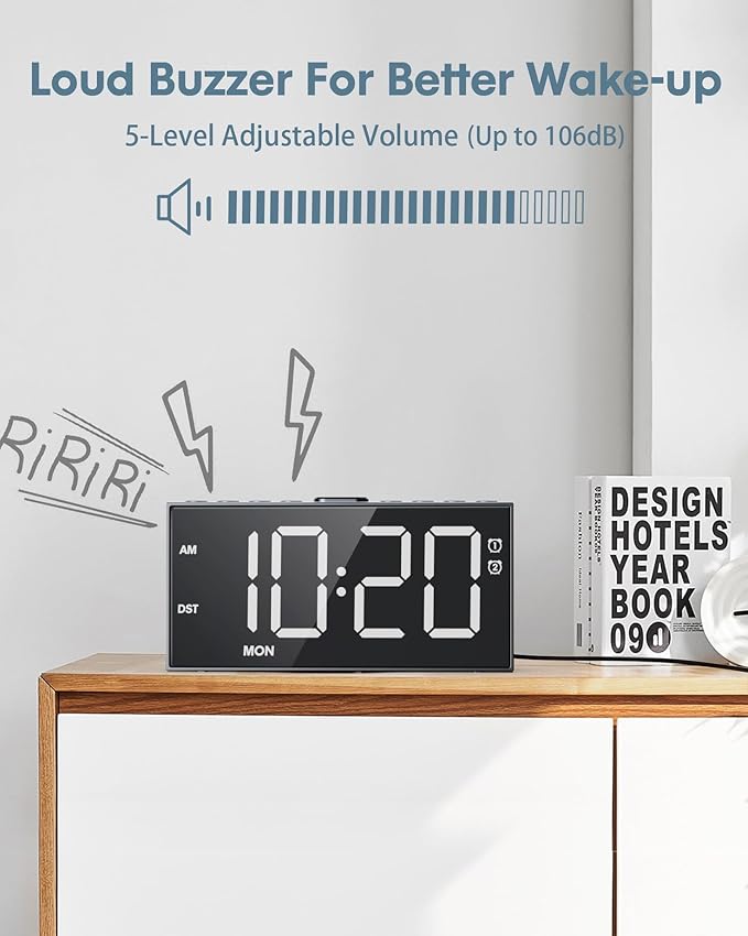 Alarm Clock for Bedroom Heavy Sleepers, Dual Alarms,Weekday/Weekend/Everyday,7.5''LED Large Display,5 Dimmer,Digital Clock with Snooze, 5 Volume,Type C & USB Chargers,Snooze,Battery Backup,Easy to Use