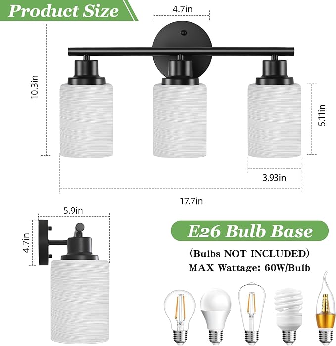 Guliaofo 3-Light Bathroom Light Fixtures, Black Vanity Lights for Mirror with Textured Milky White Glass Shade, E26 Base Modern Kitchen Light Fixtures Wall Sconce Light