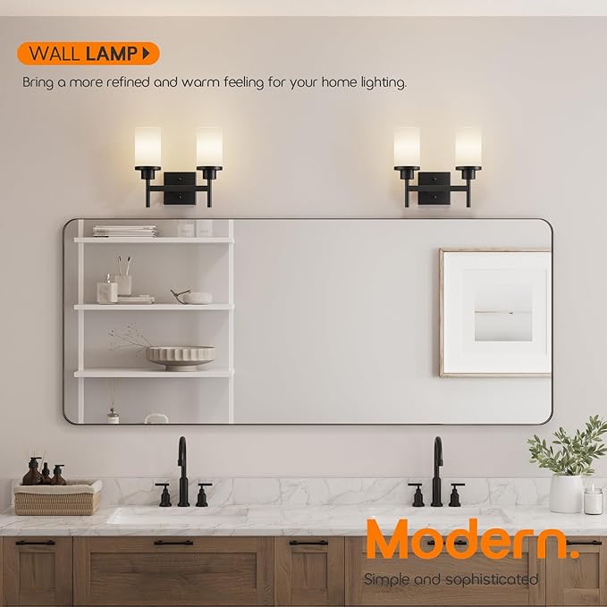 AONEON Wall Light Fixtures Matte Black Bathroom Vanity Lights Over Mirror with White Frosted Glass, Double Wall Lamps for Hallway Washroom Porch T001MB-L2