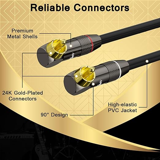 Right Angle RCA Cable 10 FT, 90 Degree 2RCA to 2RCA Stereo Audio Cable, Zinc Alloy Shell, Gold-Plated Plug, 2 RCA Audio Cord, for Home Theater, Subwoofer, HDTV, Amplifier, Hi-Fi System, Car, Speaker