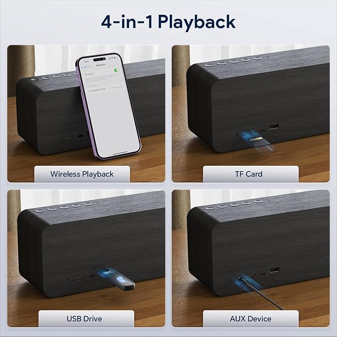 FULMINARE Portable Bluetooth Speaker for Home, Wooden Housing, 50W Deep Bass Stereo Sound, Bluetooth 5.3, 30H Playtime, 4-in-1 Playback, IPX5 Waterproof for Indoor & Outdoor Use