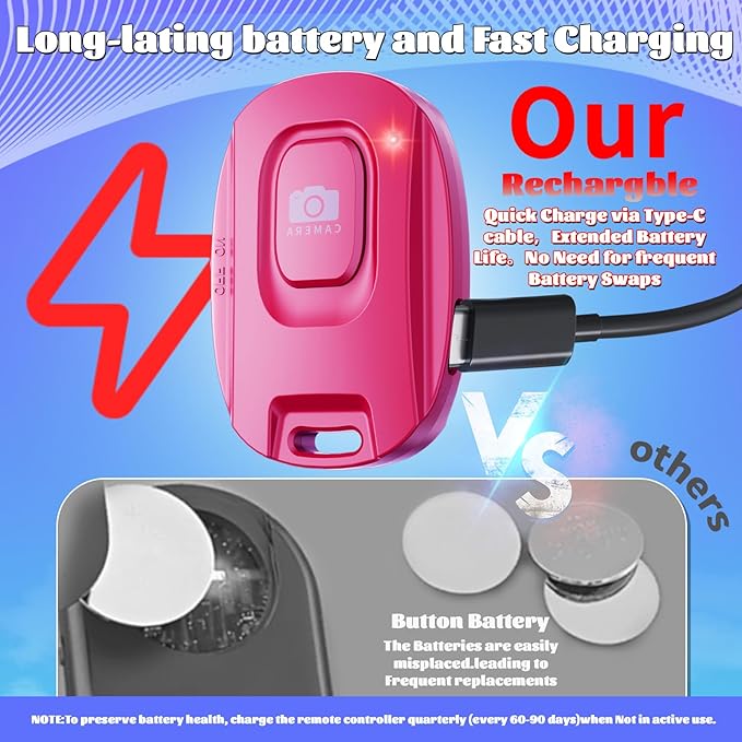 VYVIYON Bluetooth Camera Remote Shutter for iPhone and Android Smartphones, Rechargeable Wireless Phone Remote Control,Selfie Button for Photos and Videos, Charging Cable Included (2 Pack) Pink&White