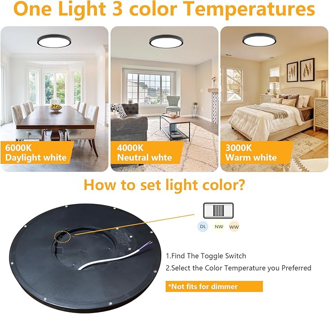 RLEDPZTX Led Flush Mount Ceiling Light,9 Inch 18w 1860lm,3000k/4000k/6000k 3CCT Selectable, Round Modern Flat Panel Super Slim Led Ceiling Light,for Living Dining Kitchen Bedroom Room (6Pack-Black)