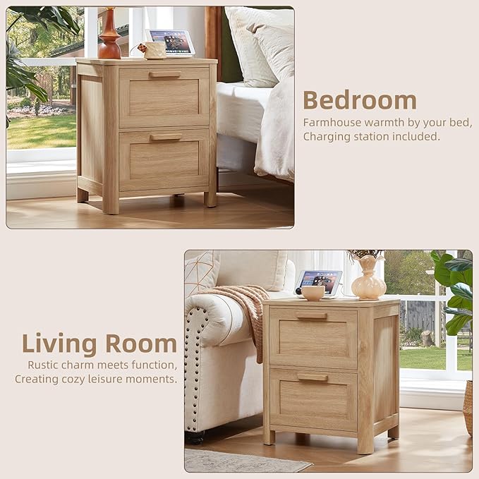 Joaxswe Farmhouse Nightstand with Charging Station, End Tables Bedroom with 2 Large Drawers & 4 Thickened Table Legs, Natural Wood