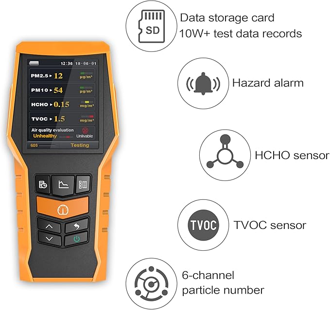 BLATN Smart Air Quality Meter Indoor 11-in-1 Air Monitor PM1.0 PM2.5 PM10 Dust TVOC VOC Detector HCHO Tester with Data Record for Home Office (126S)