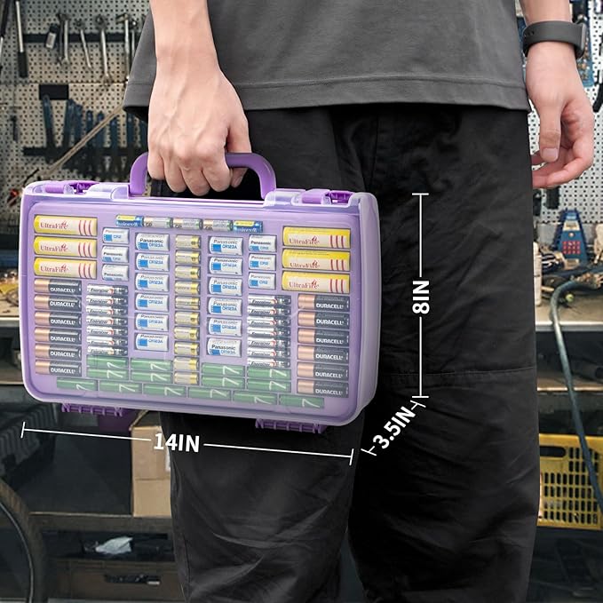 Aptbyte Battery Organizer Storage Holder Box Case with Tester- 269 Batteries Double-Sided Variety Pack, Holds AA AAA 4A C D Cell 9V 3V Lithium LR44 CR2 CR123 CR1632 18650 Button- Purple (Box Only)