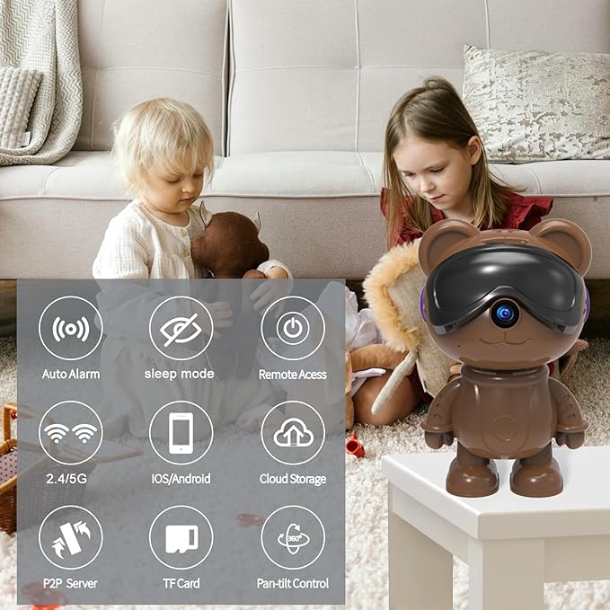 dzcctvipc Cute Bear 2K Robot & Pet Camera – Hidden Indoor Security, Motion & Baby Cry Detection, Privacy Mode, 5G Dual-Band, Pan & Tilt, Full HD Night Vision, 24/7 Recording, 2-Way Audio