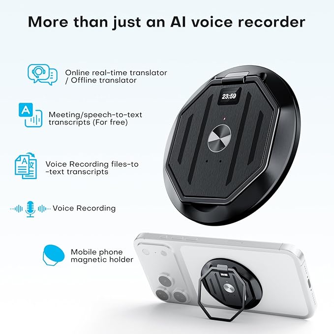 AI Voice Recorder, Transcribe & Summarise with AI Technology 64GB Memory Device Magnetic Phone Stand Offline/Online Translation Support 127 Languages for Lectures, Meetings, Calls, Travel