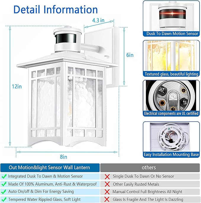 XANGQAN Motion Sensor Outdoor Wall Lights White Dusk to Dawn Light Fixture for House Porch Patio