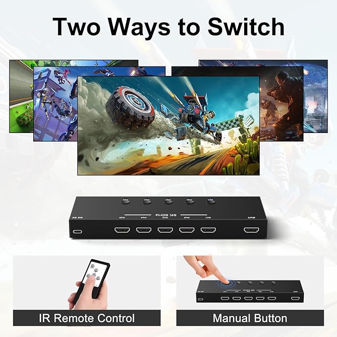 8K 5 in to 1 Out HDMI Switcher，5 Way HDMI Converter & Infrared Remote Control - Ideal for Nintendo Switch/OLED/Xbox PS5/4/3 Blu-Ray Player Fire TV Stick Roku Apple TV Chromecast PC