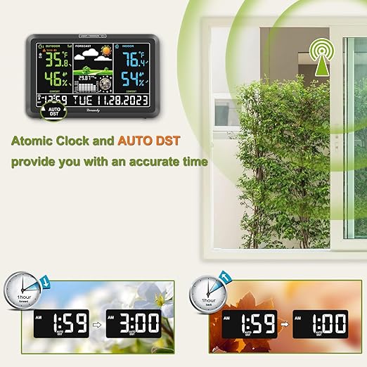 DreamSky Weather Station Indoor Outdoor Thermometer Wireless with Digital Atomic Clock for Home, Large Display with Dimmer, USB Port, Inside Outside Temperature Humidity Monitor (Adapter Powered)