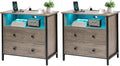 Tykacna 27 Inch Wide Night Stand, Lrage Wood Night Stand Set 2 with 2 Drawers, LED Nightstand with Charging Station and Adjustable Drawer, Bedside Table for Living Room/Bedroom/Study/Office, Gray.