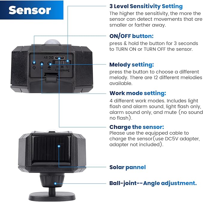 Solar Driveway Alarm Wireless Outside Weatherproof 1/2 Mile Long Range, Outdoor Motion Sensor Detector Alarm Driveway Alert System with Rechargeable Battery/Expandable (1 Sensor &1 Receiver Set)