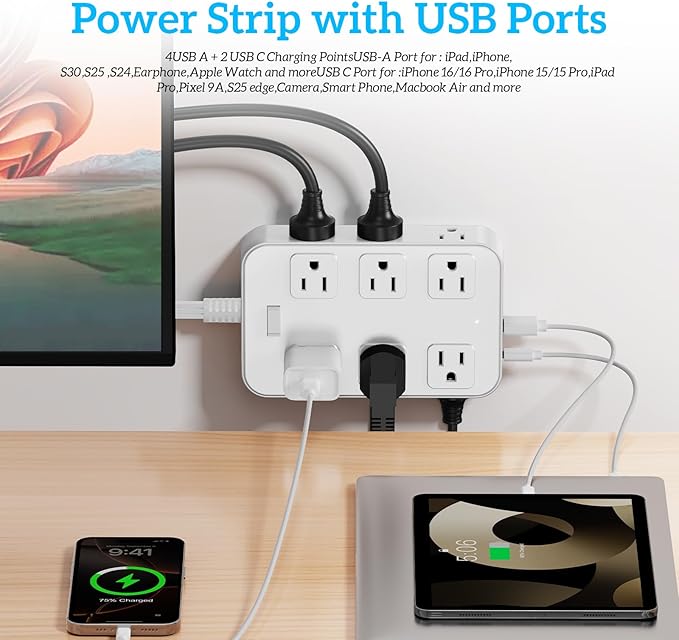 Solidock Flat Plug Power Strip Surge Protector with 12 AC Outlets 6 USB Ports 3 Side Multi Plug Outlet Extender 15 Ft Extension Cord for Home Office Kitchen Dorm Wall Desk Charging Station ETL Listed
