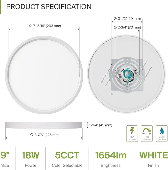 ASD LED 9" Round Flush Mount Ceiling Light Fixture, Low Profile Surface Lighting | 5CCT, Dimmable, Ultra-Thin, ETL Listed | 18W 1660LM 2700-6000K 120V | Kitchen, Bedroom, Hallway Lamp | White