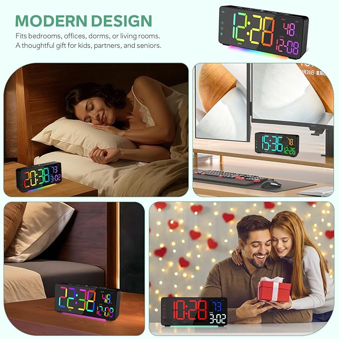 EVILTO Digital Alarm Clocks for Bedrooms, RGB Desk Clock with 15 Color Display, Date Temperature and Weekday, DST, Snooze, 2 Alarms, Ambient Lighting for Living Room, Bedside Office Gaming Desk Decor