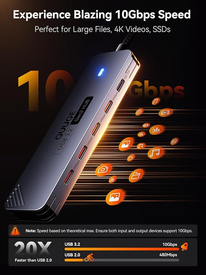 USB C Hub 10Gbps, QUUGE 5-in-1 USB Splitter with 4 USB-C 3.2 and PD 100W Charging, Fast Transfer Aluminum Multiport Type-C Adapter with 100cm Nylon Cable for MacBook Air/Pro, iPad, Surface Pro, XPS