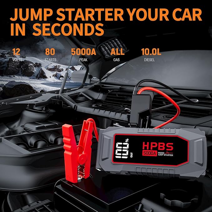 HPBS Car Jump Starter - 5000A Peak Jump Starter Battery Pack with DC for Up to All Gas and 10.0 L Diesel Engines, 12V Portable Battery Jump Starter with 3.0" LCD Display