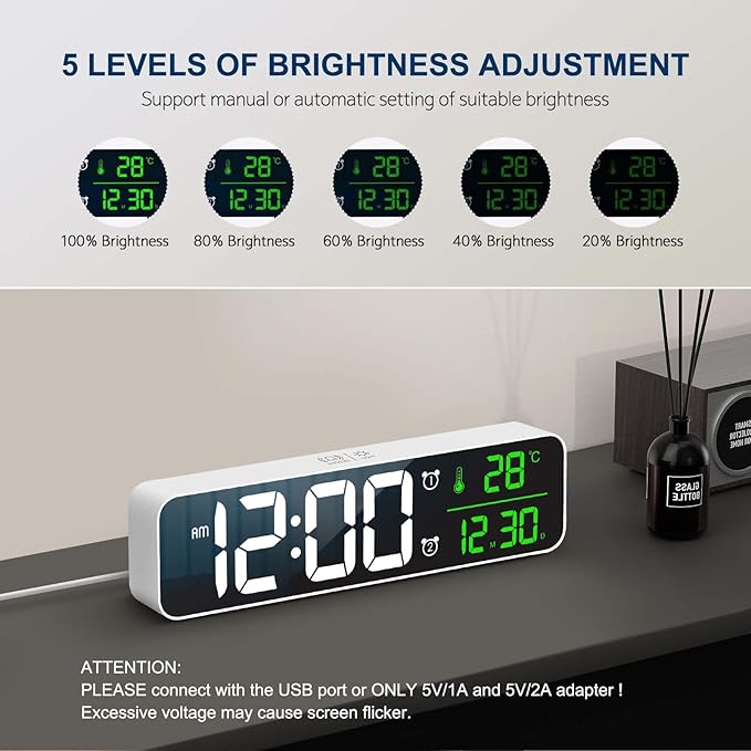 Hournor Digital Clock for Bedroom, Digital Wall Clock for Living Room Decor, Desk Table Clocks, Digital Clock Large Display, Bedroom Smart Alarm Clock for Office White Green