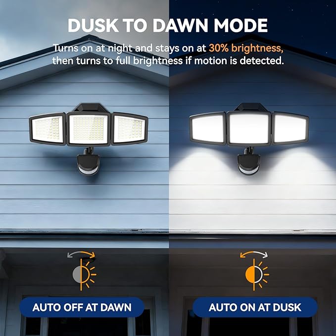 PURICH Upgraded LED Security Lights Motion Sensor Light Outdoor, 7000LM, 6500K, Waterproof, Flood Light Outdoor Motion Detector with Adjustable 3 Head, Hardwired Wall Light for Entryway, Yard, Garage