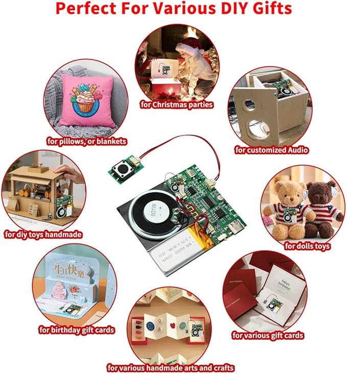 Bluetooth & MIC Recording Audio Sound Module, 8MB Voice Chips with Speaker,8 Min Easy Sound Recording Chip for Personalized Greetings, DIY Projects, Holiday Crafts ect-2P.