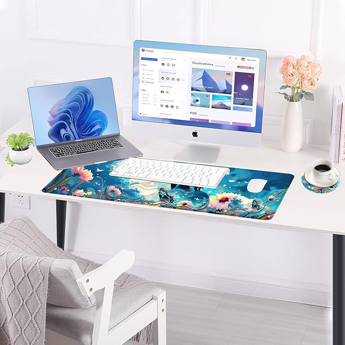 BFUKVOU Large Keyboard Mouse Pad Set, Extended Mouse Pad+Keyboard Wrist Rest Support, Memory Foam Ergonomic Easy Typing, 4Pcs (31.5×11.8 in) Desk Pad Set for Office Home,Flowers and Butterflies