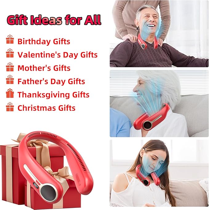 Portable Neck Fan,Hands Free Personal Wearable Bladeless Fan,6000mAh USB Rechargeable,360° Cooling,LED Display,4-Speeds,Birthday Gifts for Men Women Dad Mom,Valentines Day Gifts for Her Him (Red)