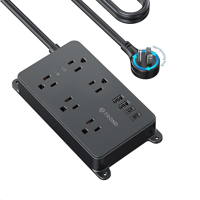 TROND Surge Protector Power Strip with 360° Rotating Plug, 10ft Extension Cord, ETL Listed, 5 Widely-Spaced Outlets with 4 USB Ports, 1300J Surge Protector, Wall Mountable, for Home Office, Black
